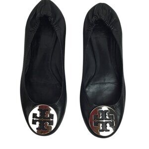Tory Burch Black Leather Minnie Travel Ballet Flats W/ Silver Logo Womens 7